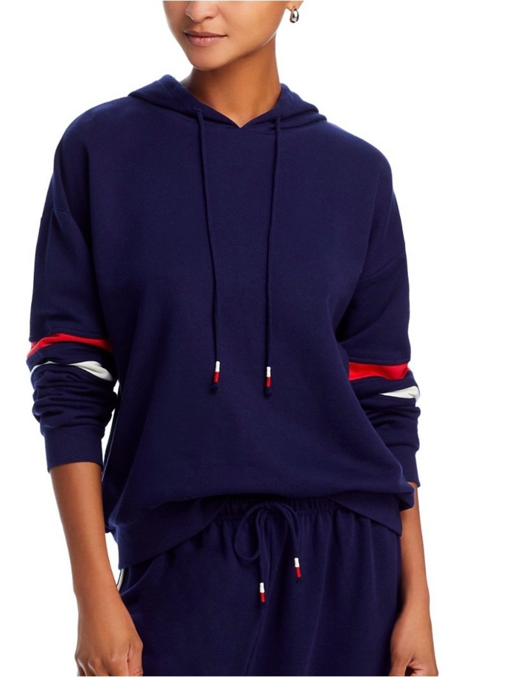 Aqua Navy Hoodie Sweater with Red & White Sleeve Stripes